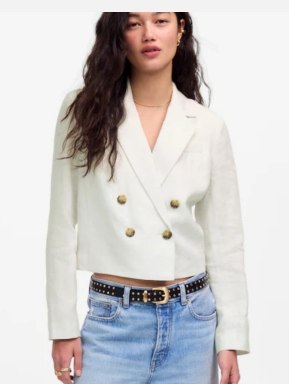Madewell Double-Breasted Crop Blazer in 100% Linen NV041  NWT White